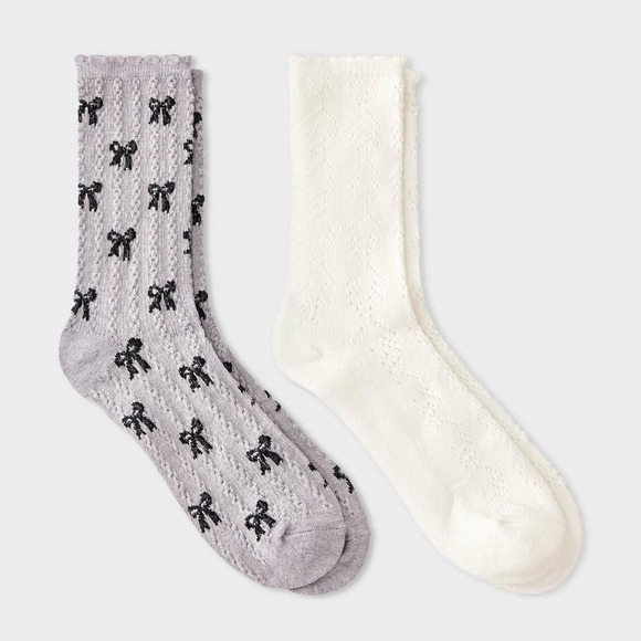 Auden Accessories - S03 - Women's Scallop Edge All-Over Bows and Pointelle 2pk Crew Socks - Auden™